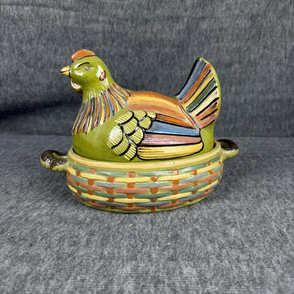 Vintage Mexican Multicolor Ceramic Hen Chicken Nest Dish Terracotta Folk Art - Picture 2 of 12
